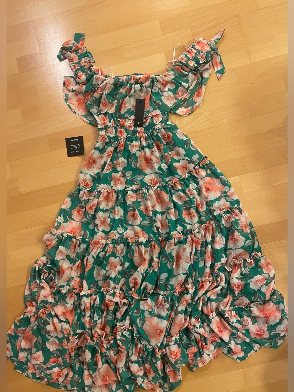Lulu’s Floral Off-Shoulder Tiered Maxi Dress - Green with Coral Flowers